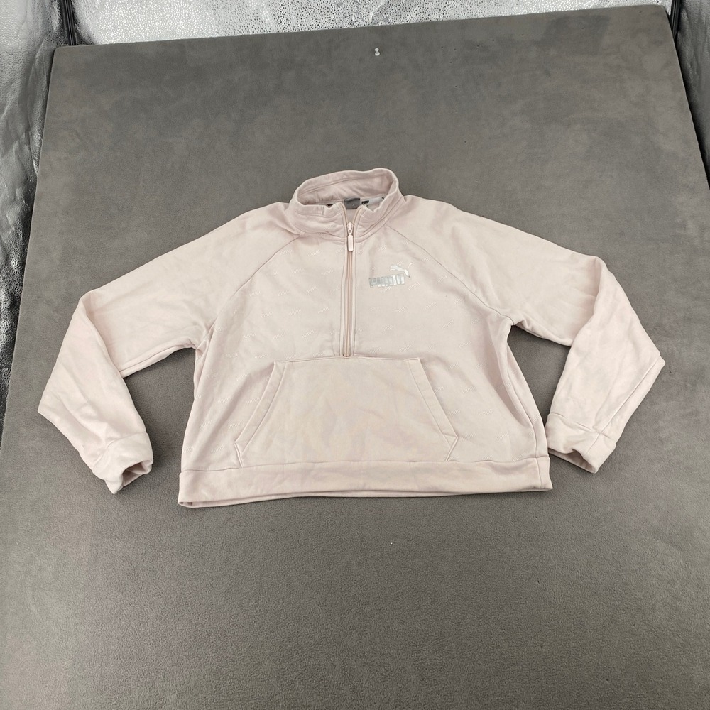 Puma Womens XL Pink Quarter Zip Pullover Embossed Logo Cropped Sweatshirt
